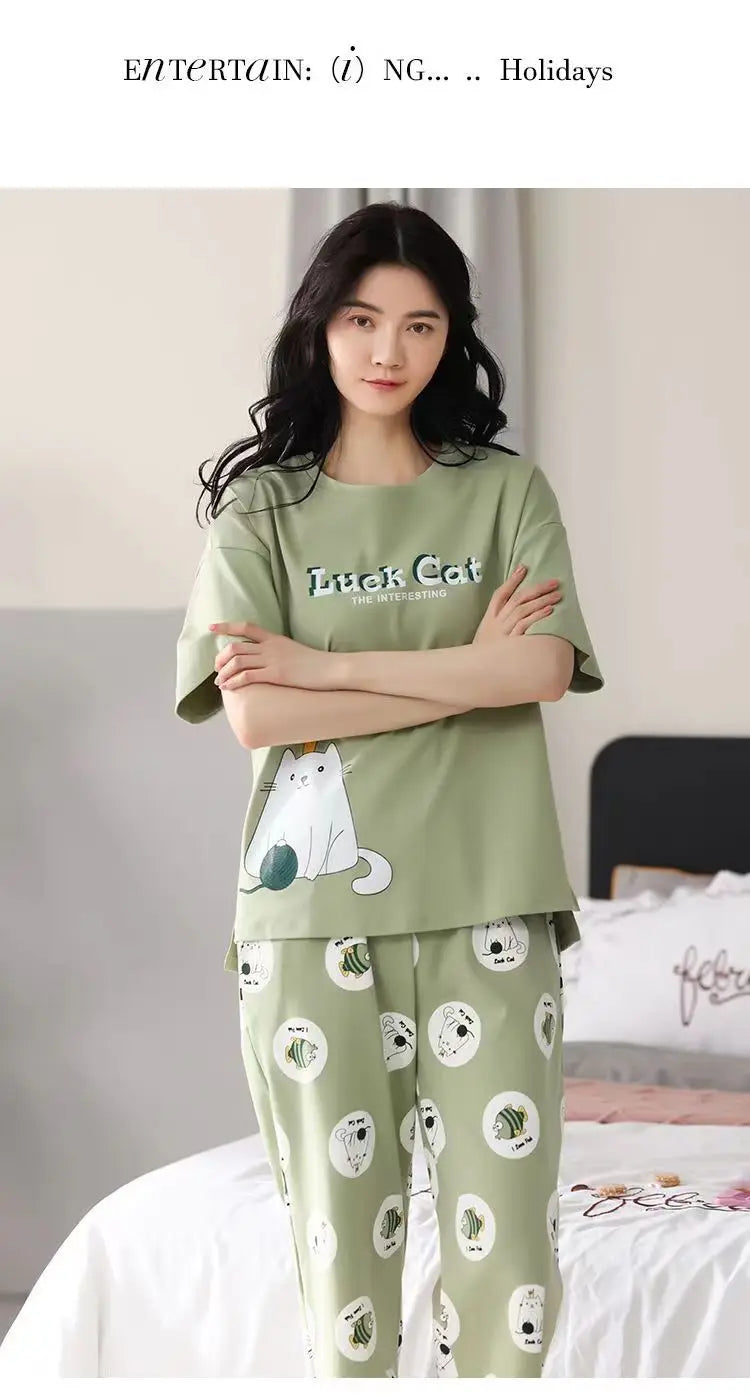 Sommer Neue Damen Pyjamas Homewear Set Kurzarm Pyjamas frauen Sommer Einfache Koreanische Cartoon Lose Große Größe Homewear.