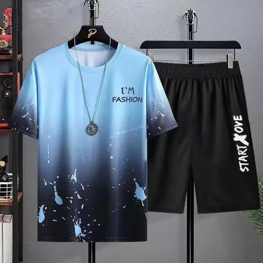 Cool Ice Silk Short Sleeve And Shorts Sports Set for Men Summer 2025 New Style Trendy Teenagers Casual Fashion Outfit.