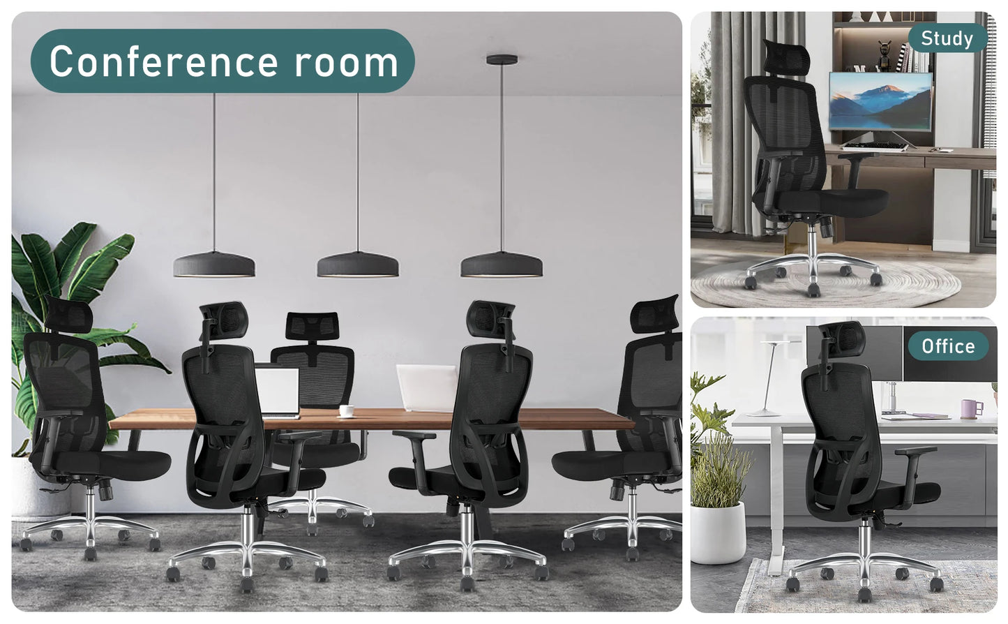 Durrafy Ergonomischer Bürostuhl, Schreibtischstuhl mit verstellbarer Kopfstütze, Armlehnen und Lordosenstütze, Netzdrehstühle, Schwarz