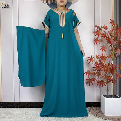 New Muslim Abayas Summer Short Sleeve African Dashiki Tassels Cotton Loose Caftan Lady Maxi Islam Casual Dresses With Headscarf