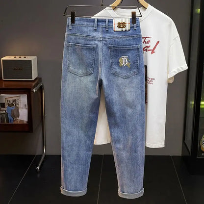 Men's Slim Straight Jeans Fashion Korean winter and Autumn Trousers Comfortable Elastic Blue Fitted Business Casual Denim Pants.