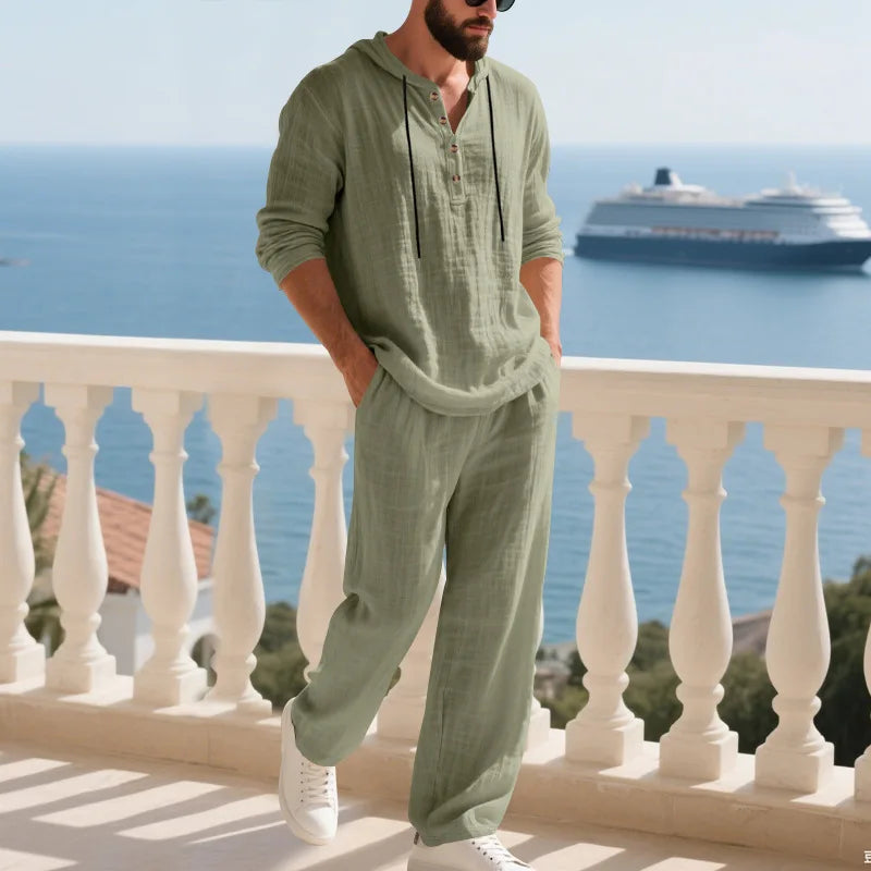 Cross-border Autumn Linen Men's Casual Suit Loose Hooded Henley Shirt Long Sleeve Pants Suit