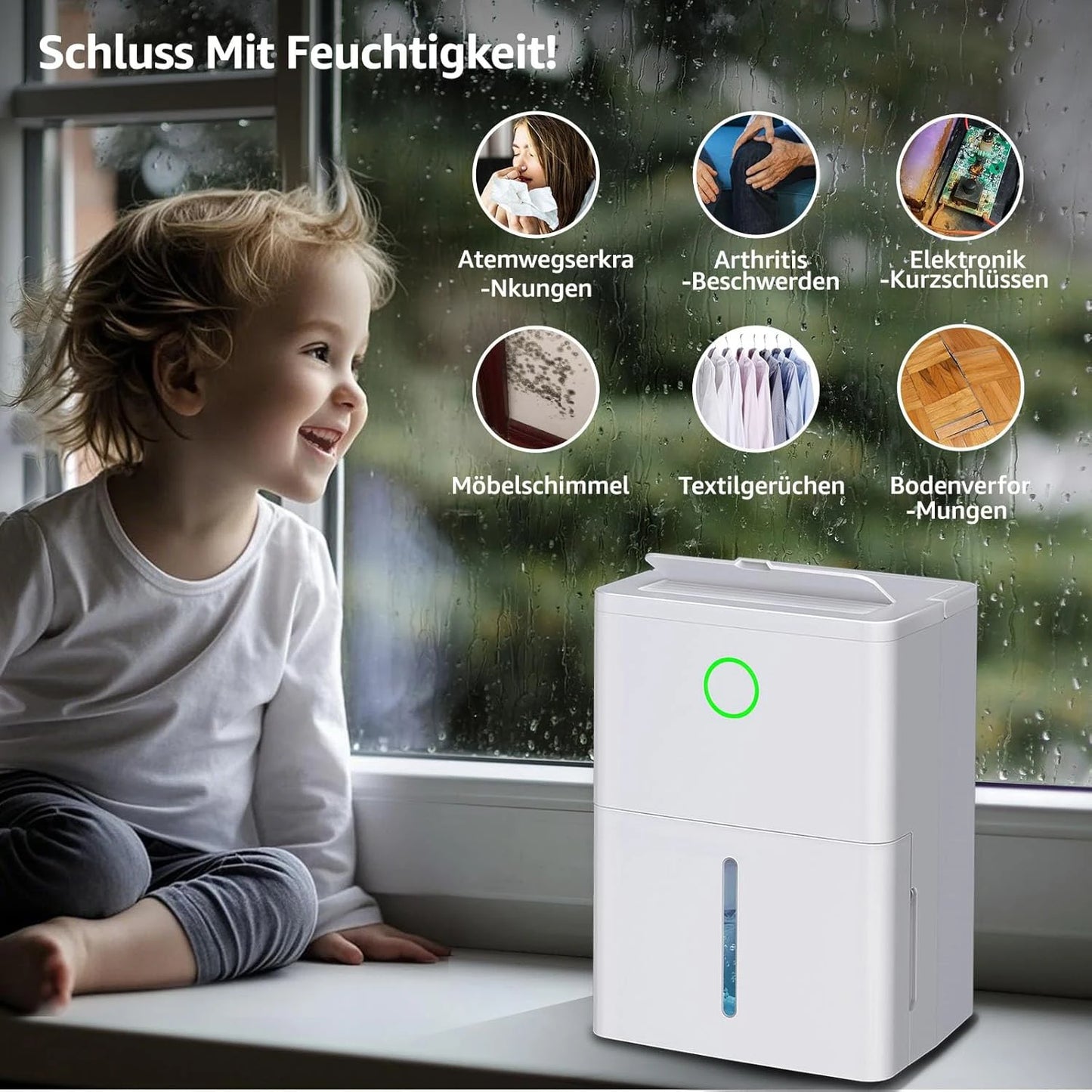 Dehumidifier with 4 operating modes, digital display, drain hose, for 150 m³ rooms, dehumidification 9l/day.