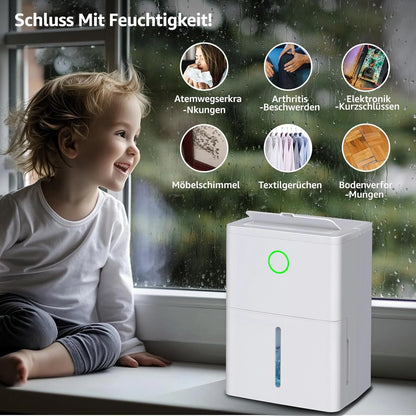 Dehumidifier with 4 operating modes, digital display, drain hose, for 150 m³ rooms, dehumidification 9l/day.