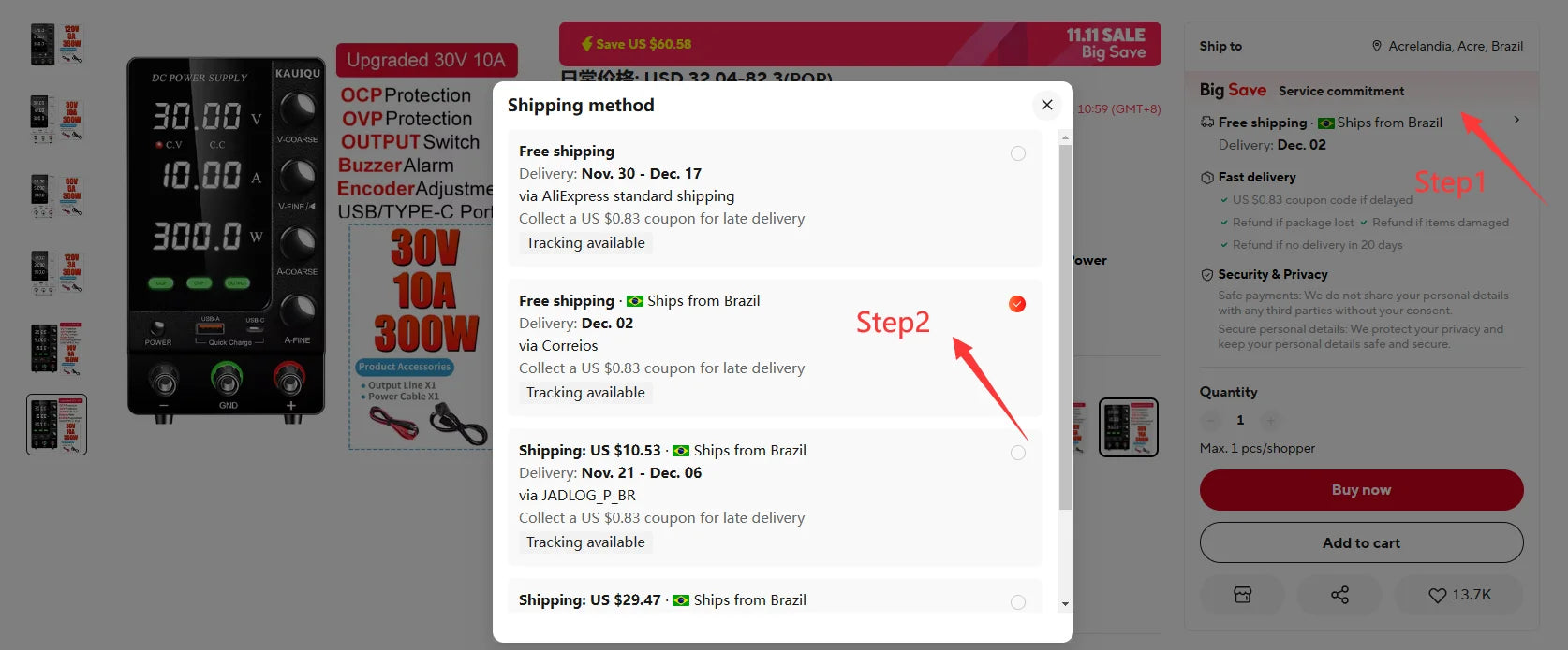 KUAIQU 5 Digits Programmable Adjustable Power Supply 30V 10A,Battery Simulation Tester,Real time Curve Display Voltage Current.