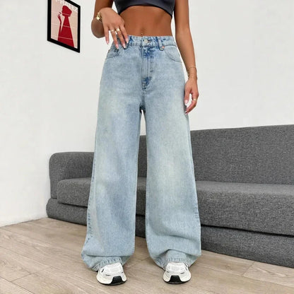 Retro High Waist Commuter Light Color INS Straight Leg Slimming Versatile Wide Leg Floor Length Pants Jeans.