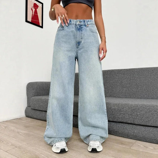 Retro High Waist Commuter Light Color INS Straight Leg Slimming Versatile Wide Leg Floor Length Pants Jeans.