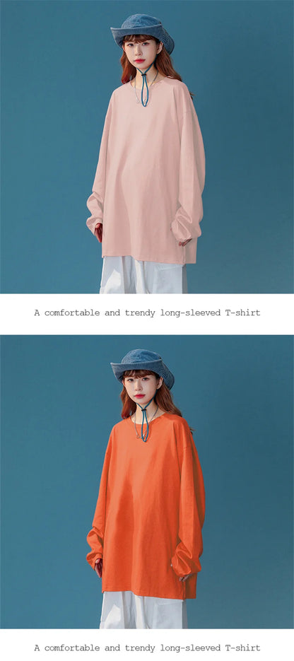COUTUDI-Oversized T-Shirt for Women, Loose Pullover,Long Sleeve, Casual 100% Cotton Tee Shirt, Lady Tops, Korean Streetwears.