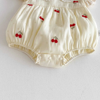 0-2 Jahre Babykleidung, Spitzenkragen-Body, Kirschstickerei, Baby-Body und einteilige Kleinkind-Geburtstagskleidung
