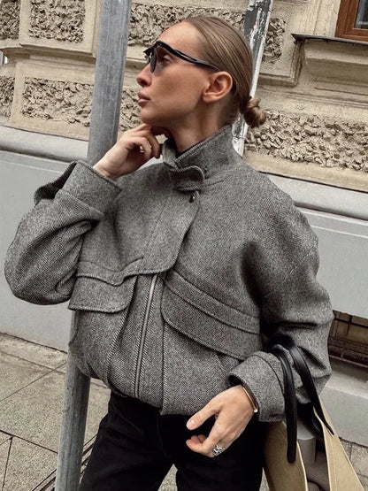 Tossy Autumn Grey Zipper Outwear Jackets Female Solid Loose Patchwork High Waist Cropped Top Coat Streetwear Women's Y2k Jackets.