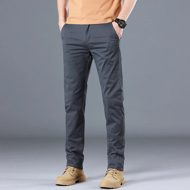 Men's High Quality Pure Cotton Classic Solid Color Casual Pants Business Stretch Slim Straight Brand Trousers Male Autumn New.