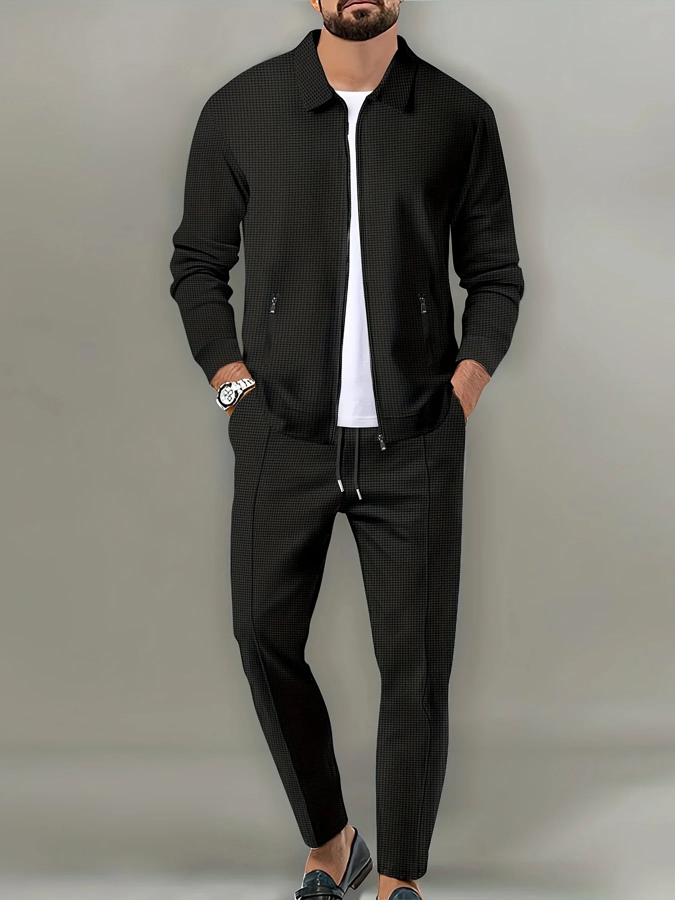 Men's Slim Fit Jacket with Zipper Pocket, Long Sleeved Sportswear, Cardigan Jacket Set, Long Pants, Elegant, two-Piece Set