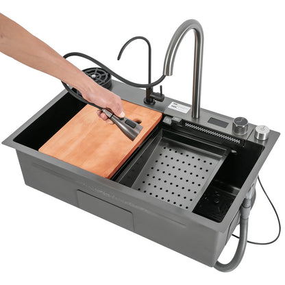 Küchenspüle aus Edelstahl 201 mit Digitalanzeige, ausziehbarer Wasserhahn, Abtropfkorb, Schneidebrett, Hochdruck-Becherwascher