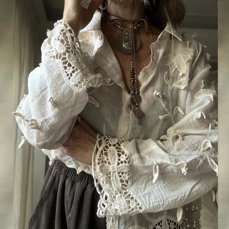 Casual Solid Color Long Sleeve Vacation Shirts Elegant Lapel Floral Hollow Out Blouse Fashion Women Single Breasted Commute Tops.