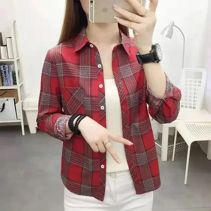 2024 herbst Neue College Stil Plaid Shirts frauen Lange hülse Taste Unten Casual Tops Lose Mode Polo Neck Blusen