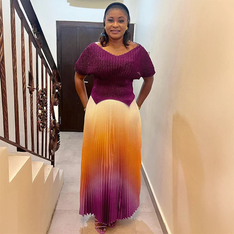 Women Plus Size Gradient Color Long Skirts And Tops Pleated 2 Piece Outfit Luxury Dubai Prom 2025 Casual For Female Fashion Sets.