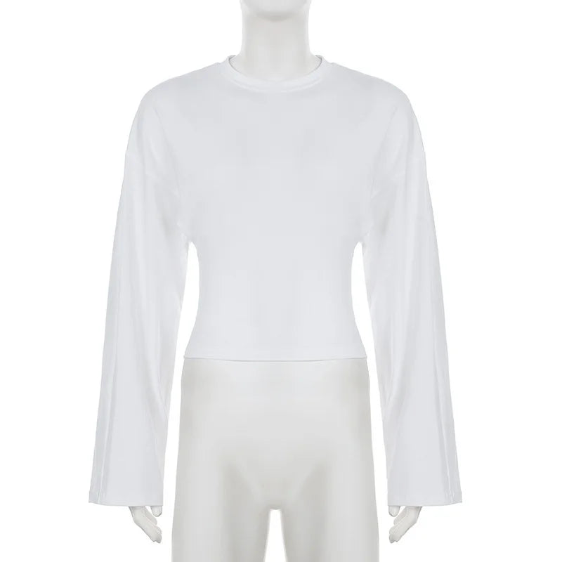 Trendix Basic Long Sleeve Crop Tops Women Summer O Neck Loose Casual Solid Pullover Top Ladies Street Party Club Fashion T Shirt.