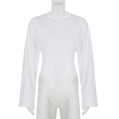 Trendix Basic Long Sleeve Crop Tops Women Summer O Neck Loose Casual Solid Pullover Top Ladies Street Party Club Fashion T Shirt.