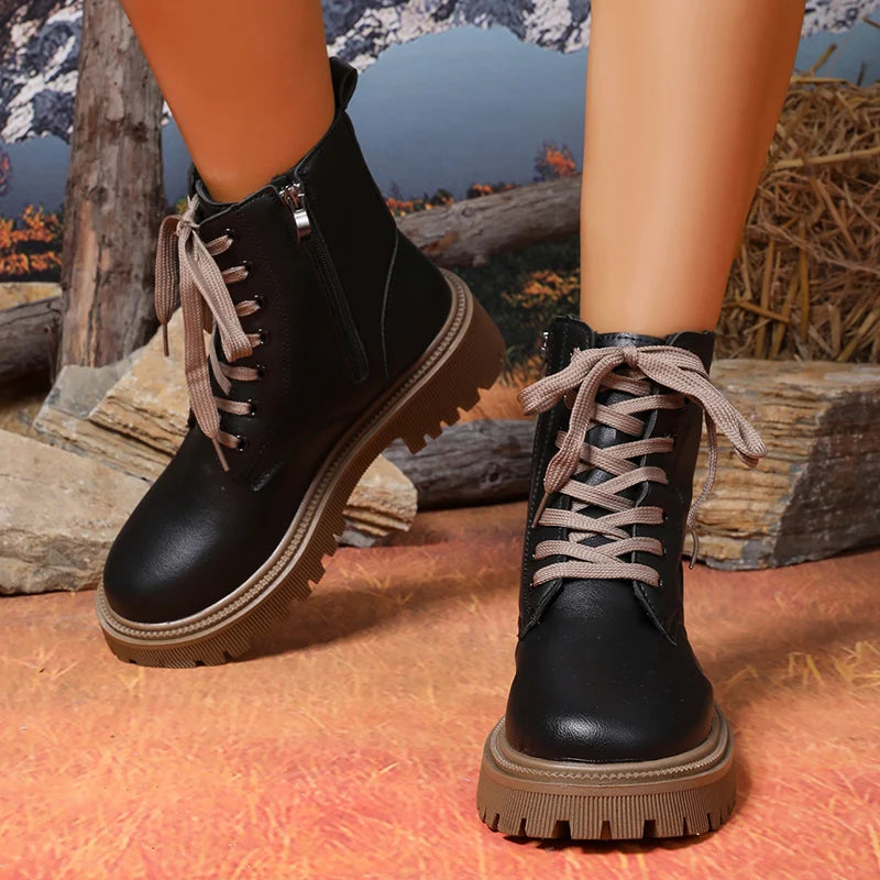 Autumn Winter Short Plush Ankle Boots Women Fashion Lace Up Pu Leather Platform Boots Woman Thick Sole Motorcycle Botas Mujer 42.