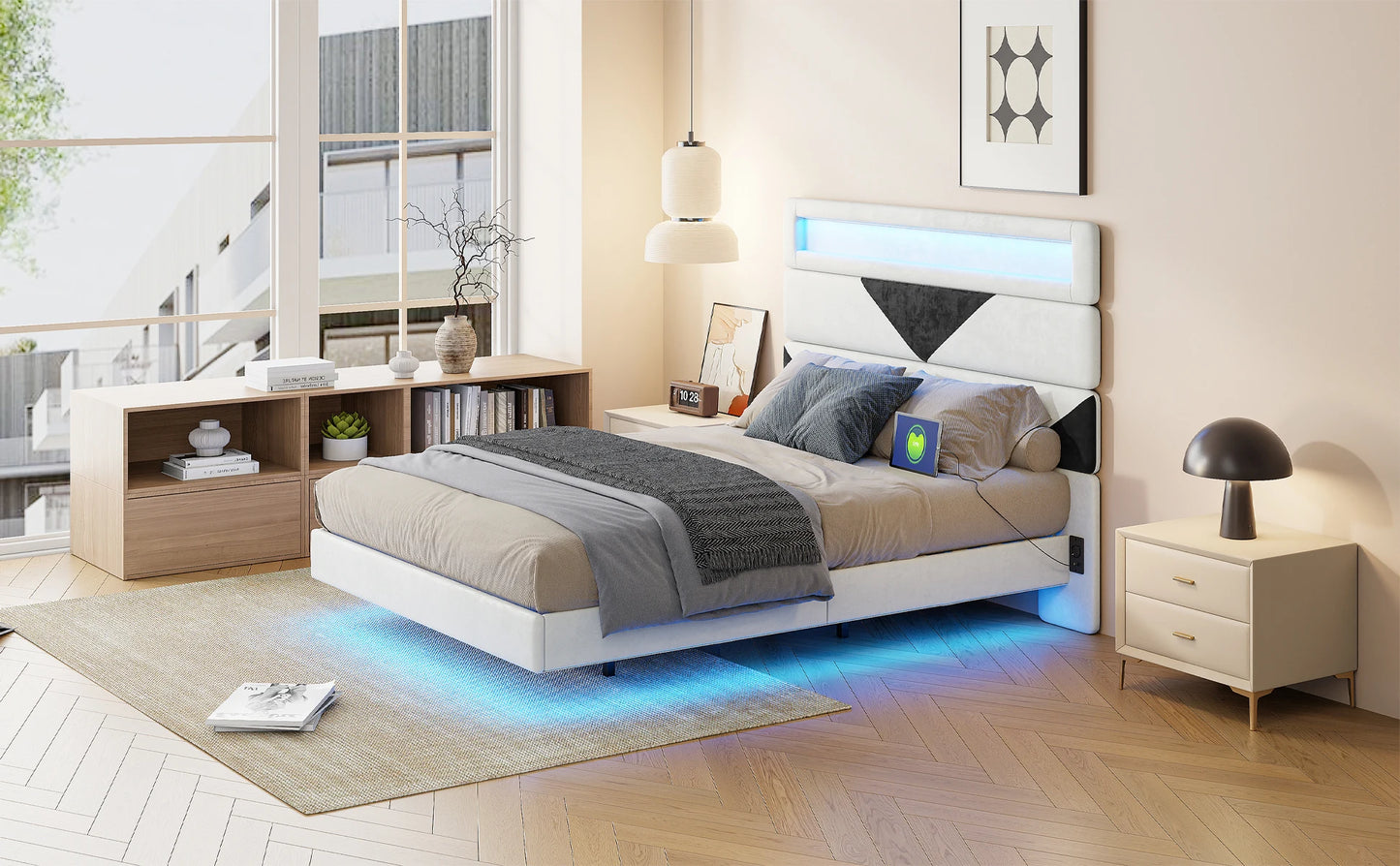 Anajqaqia Doppelbettgestell, 160 x 200 cm, verstellbares Kopfteil in Beige und Schwarz mit Lichtleiste und USB-Doppelladeanschluss