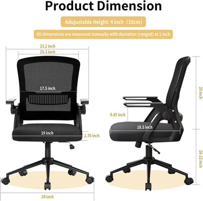 Office Chair Ergonomic Mesh Flip-Up Arms Gaming Chair with Mid Back Cushion Lumbar Support for Home Bedroom Working
