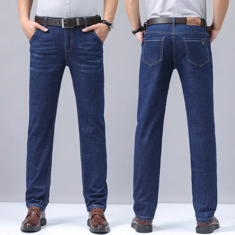 2024 New Brand Men's Fit Straight Lightweight Cotton Stretch Denim Pants Casual Male High Waist Thin Light Blue Business Jeans