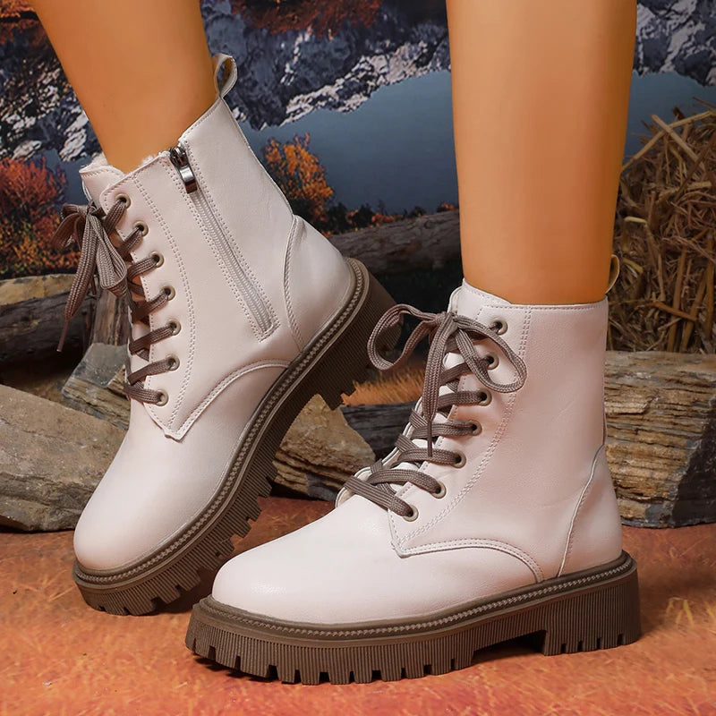 Autumn Winter Short Plush Ankle Boots Women Fashion Lace Up Pu Leather Platform Boots Woman Thick Sole Motorcycle Botas Mujer 42.