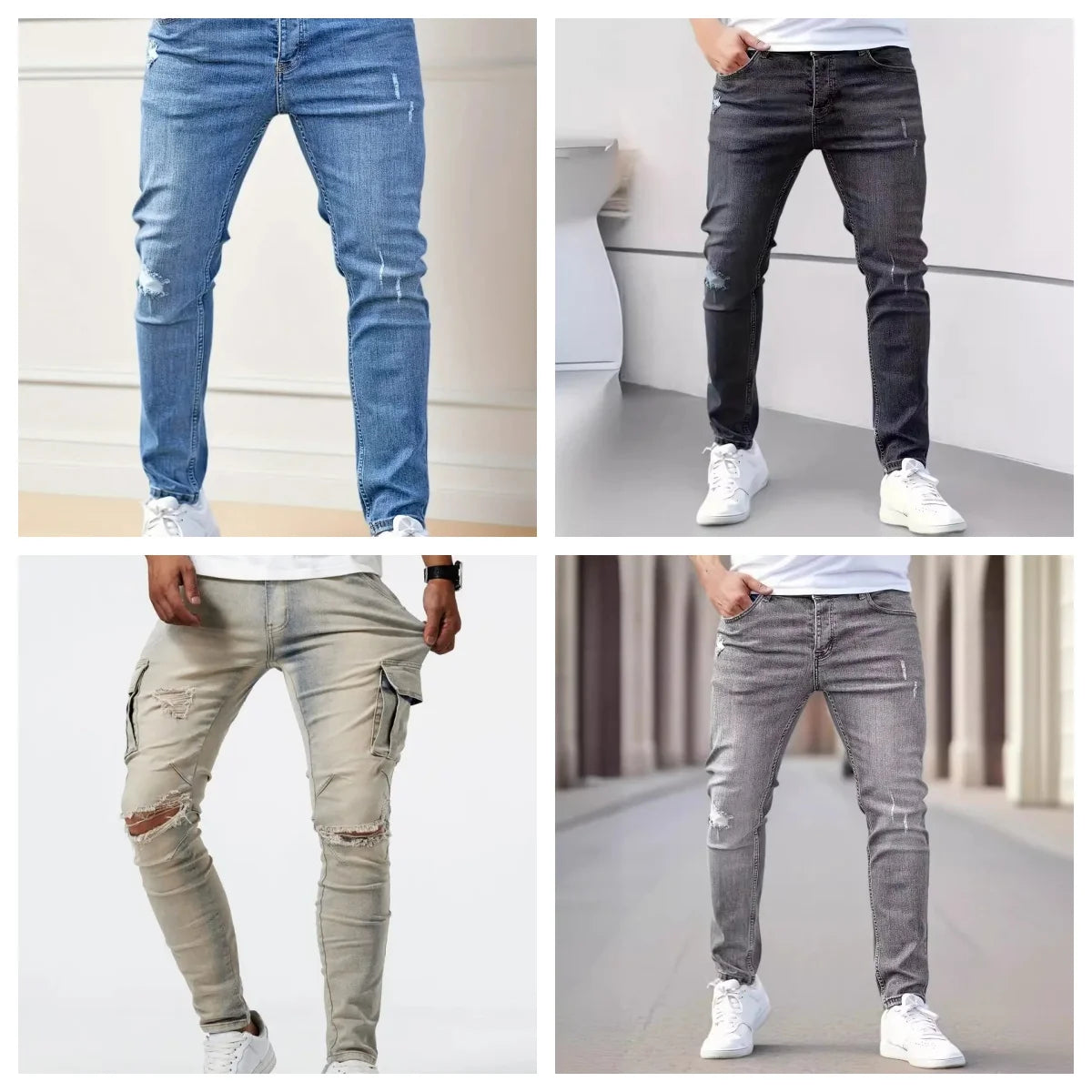 New men's jeans elastic slim fit pants street wear classic ripped cat whiskers casual jeans tight zipper denim clothing black bl.
