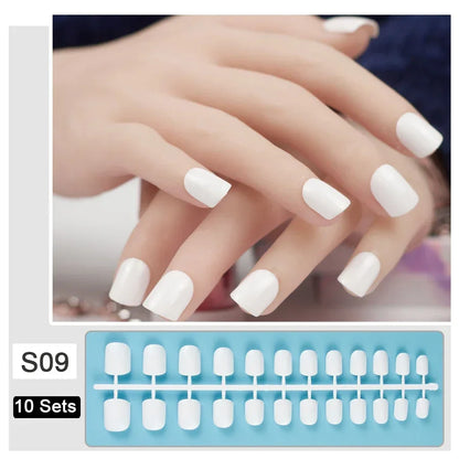 10 Sets/Pack Mixed Solid Colors Coffin Round Square Almond Shape False Nails Full Cover Nail Tips Short Fake Nails Tip Manicure