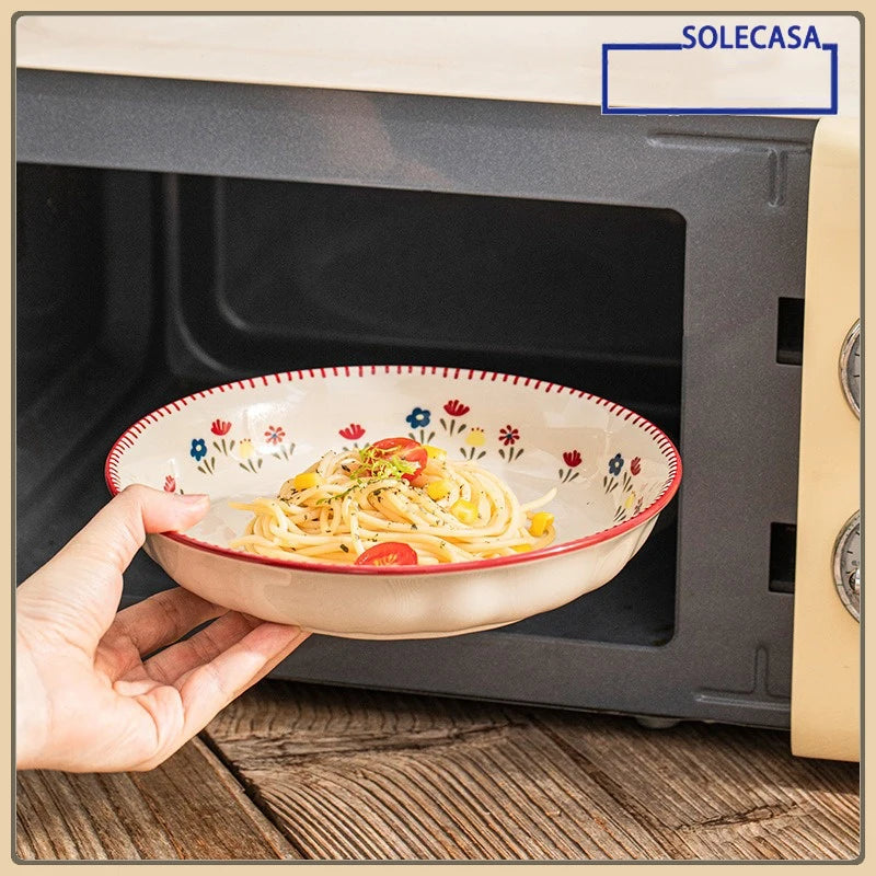 SOLECASA Pastoral Style Ceramic Tableware Soup Bowl Salad Bowl Dish Pasta Dessert Plates Dinnerware Dinnerware Table Decoration.