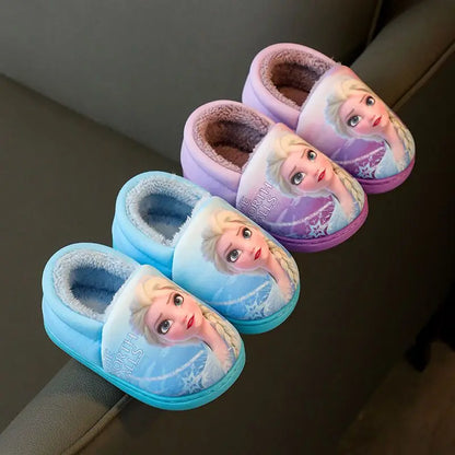 Disney Princess Elsa Winter Children's Heel Cotton Slippers Girls' Warm Frozen Kids' Cotton Black Purple Flats Shoes Size 24-40.