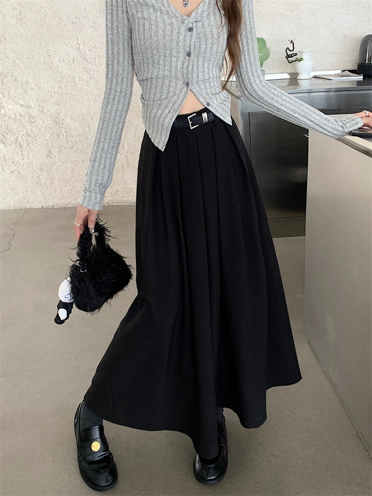2024 New Korean Skirt Women Solid Color Versatile Mid-length Pleated Skirt Large Swing Type Skirt Female Long Skirts for Women