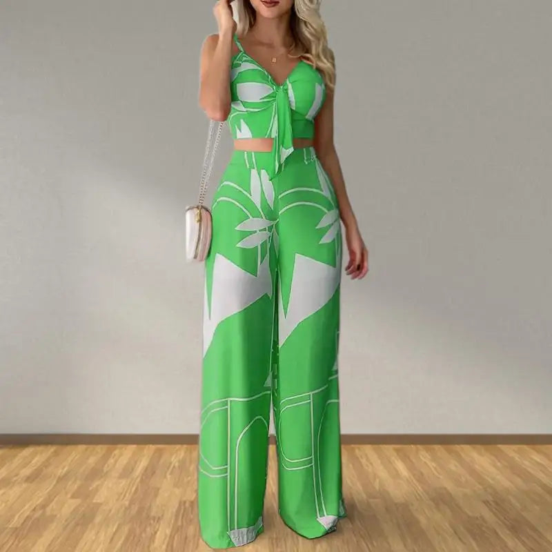 Elegant Two Piece Outfits For Women 2025 Sexy V-Neck Strap Backless Lace-up Slim Crop Top & Wide Leg Pants Sets Summer Lady Suit
