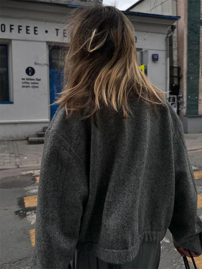 Tossy Autumn Grey Zipper Outwear Jackets Female Solid Loose Patchwork High Waist Cropped Top Coat Streetwear Women's Y2k Jackets.