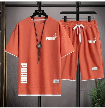 Summer 2025 Men's breathable fitness set, round-neck sports short-sleeved T-shirt + casual running shorts, 2-piece set, M-3XL.