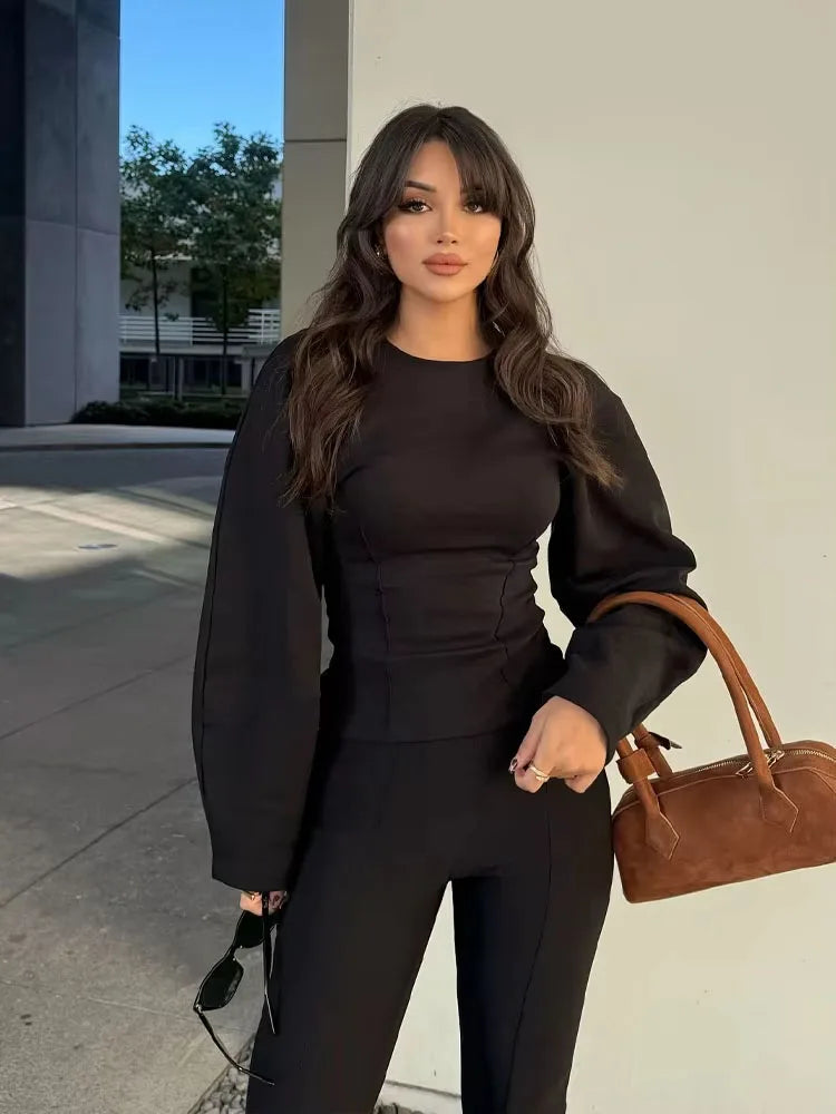 HH Women's 2-Piece Set Fashion Slimming Double-Sided Fabric Round Neck Long-Sleeve Top+Elegant Stretch Casual Wide Leg Pants.