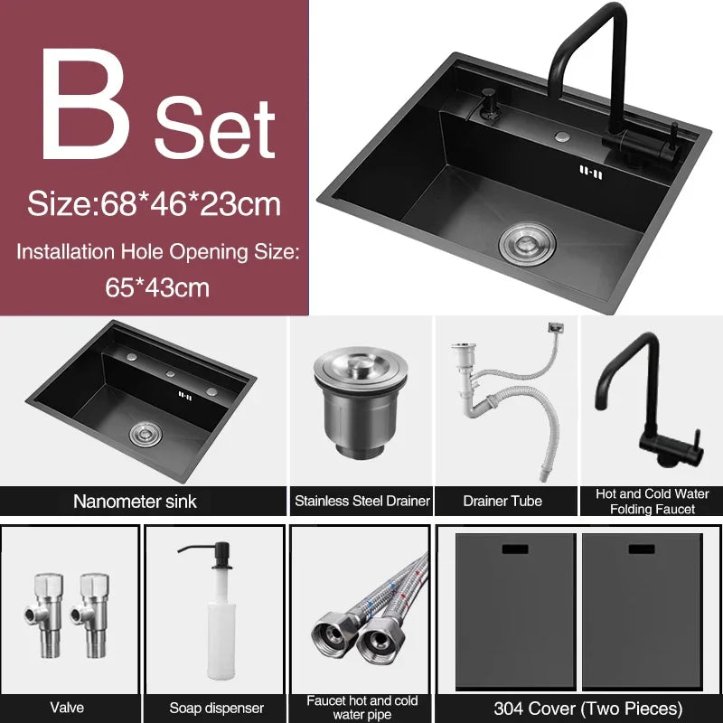 Nanometer Double Cover Hidden Kitchen Sink 304 Stainless Steel 3 Holes Handmade Single Large Size Kitchen Hidden Sinks