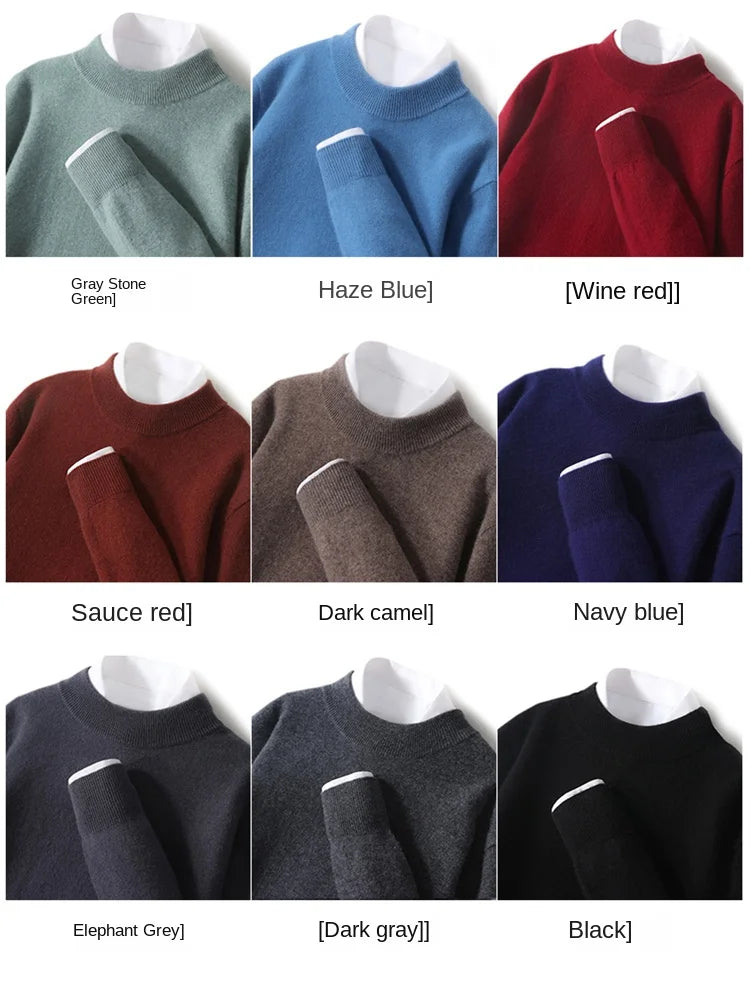 100% Pure Merino Wool Men's Semi High Neck Pullover Solid Color Plus Size Casual Sweater Autumn And Winter Sports Cashmere Top.