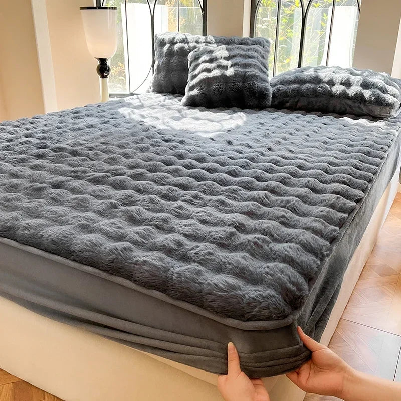 Fluffy Plush Fitted Bed Sheet Solid Color Long Hair Fleece Bed Cover For Double Bed fundas de colchón Winter Warm Mattress Cover.