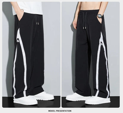 2025 Summer Ice Silk Casual Pants Boys Casual Peplum Pants Handsome Straight Colorblocking Sports Pants.