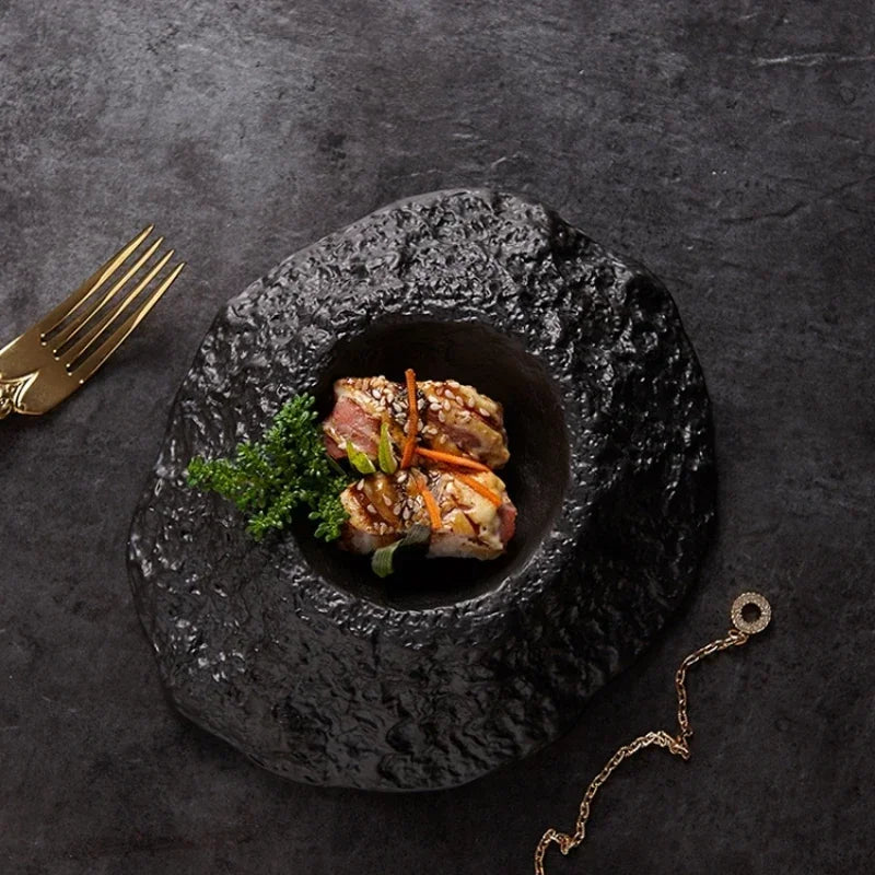 Volcano-shaped Black Deep Plate Creative Irregular Ceramic Tableware in Restaurant French Special-shaped Soup Plate Swing Plate.