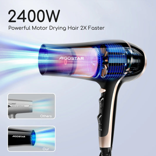 Aigostar Lora Professional Hair Dryer 2400 W Hair Dryer for Hair Ions 2 Speed and 3 Settings Cooling Button Hair Dryer.