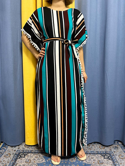 Abayas For Women 2024 Printed Vertical Stripe Tassels Elasticity Loose Fit Femme Robe African Woman Dresses With Belt Headscarf.