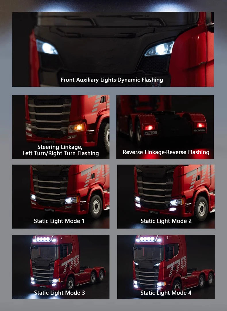HUINA 1/18 19CH RC Truck 1501 770S Scania Alloy Tractor 2.4G Remote Control Engineering Trailer Truck with Light and Sound Toys.