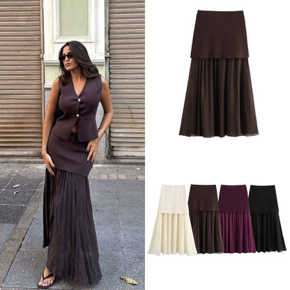 ETJ 2025 spring new  women's elegant fashion same color splicing small pleated hem high waist knit skirt.