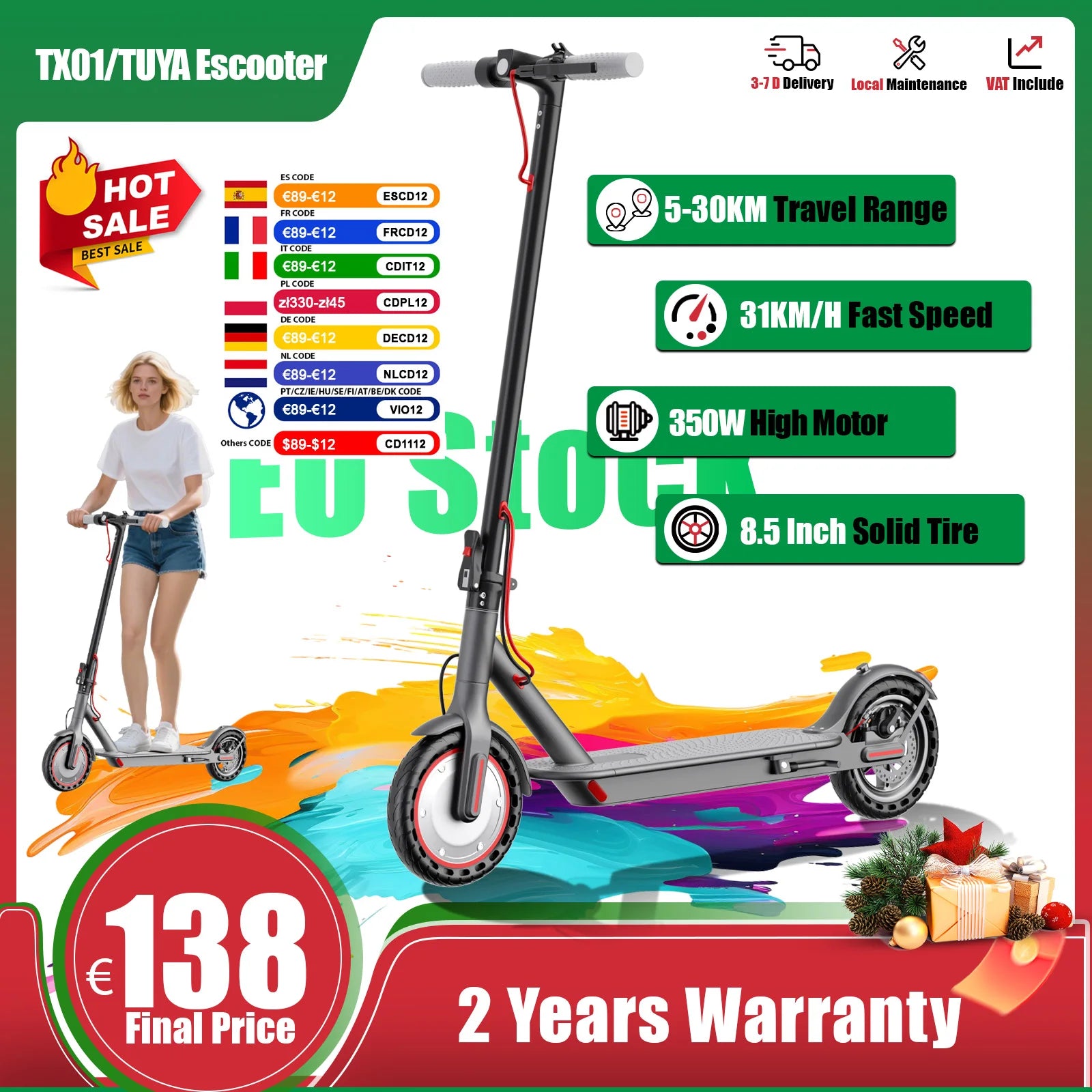 JUICEASE TUYA/TX01 Scooter Electric Scooter for Adults 8.5 Inch Tire Portable Lighting Cruise Control Escooter 350W 5-30KM Range.