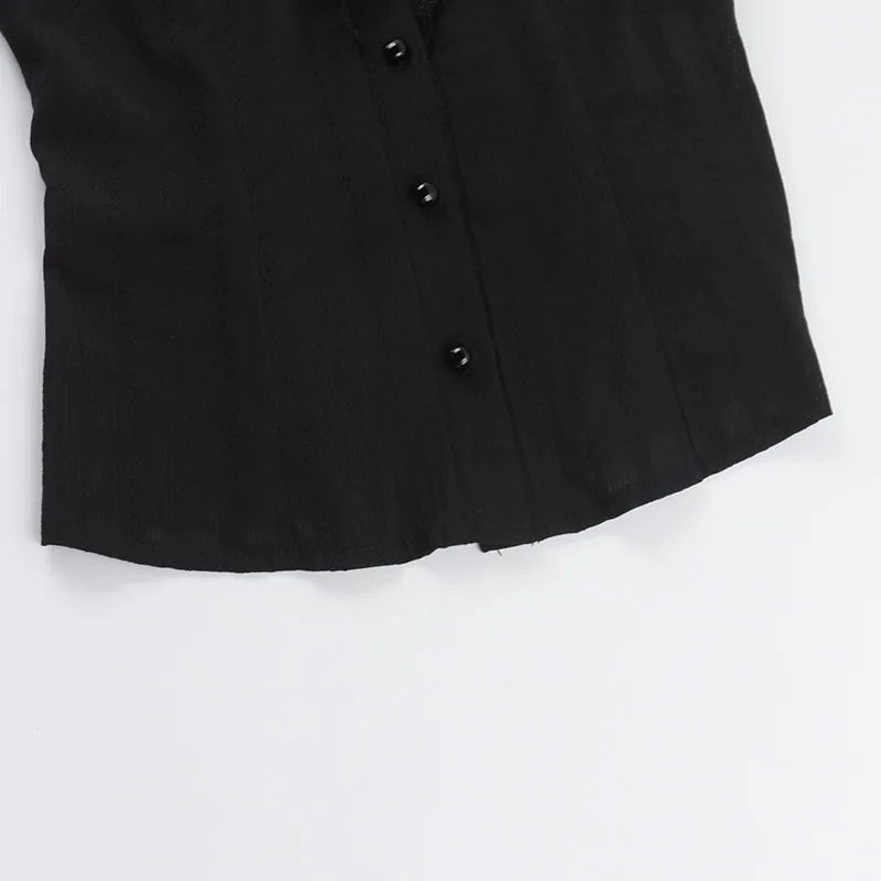 Sweet Lolita Cotton Shirts Women Vintage Gothic Black White Jacquard Short Sleeve Blouses Elegant Office Lady Y2k Tops.