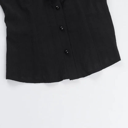 Sweet Lolita Cotton Shirts Women Vintage Gothic Black White Jacquard Short Sleeve Blouses Elegant Office Lady Y2k Tops.