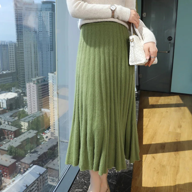 mink cashmere skirt Fashion long dress women A-line skirt autumn winter loose pleated skirt elegant high-waisted skirt ladies