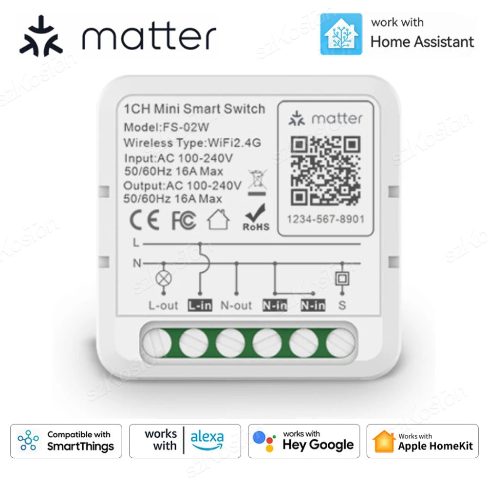 Matter WIFI Smart Switch 1-Kanal-Modul Automatisierungsrelais Smart Breaker Sprachsteuerung Homekit Siri Alexa Google Home.